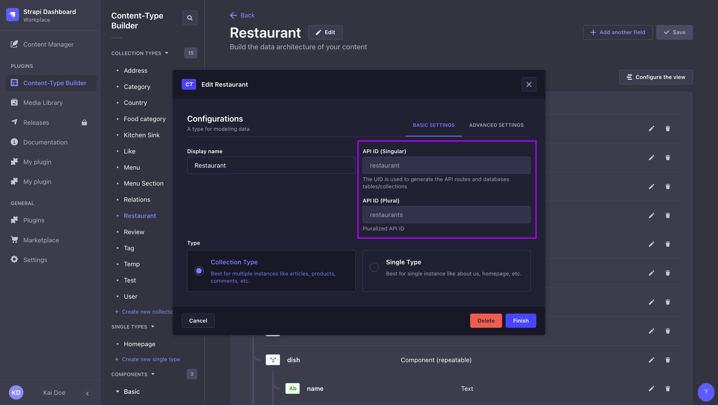 単数形と複数形のAPI IDを取得するためのContent-Type Builderのスクリーンショット