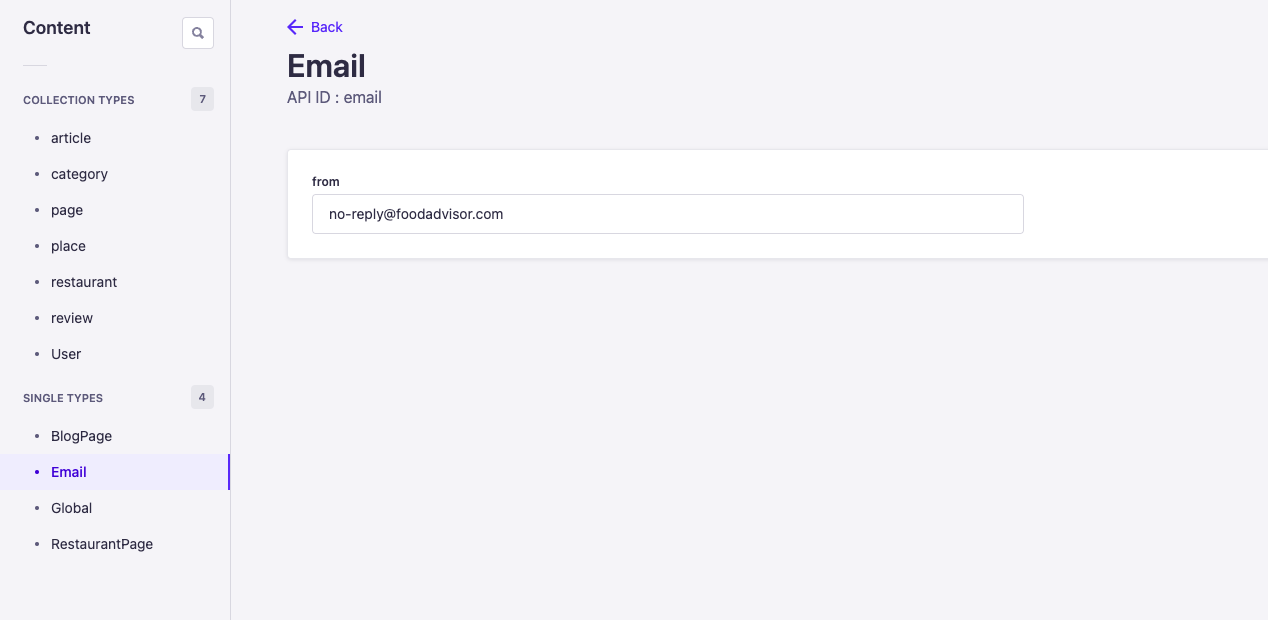 管理パネルのEmail Single Type