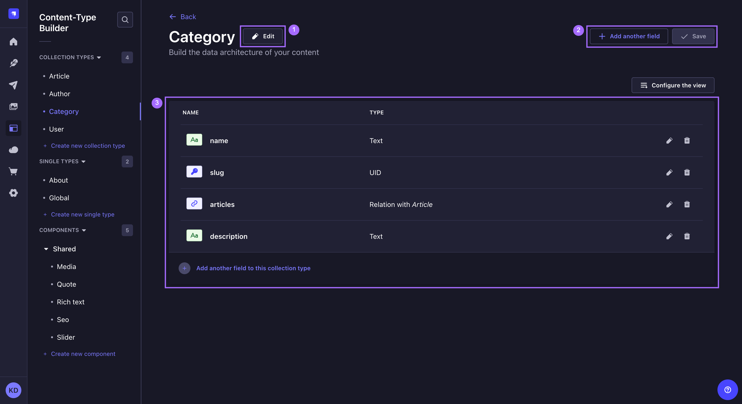 コンテンツタイプビルダーの編集インターフェース