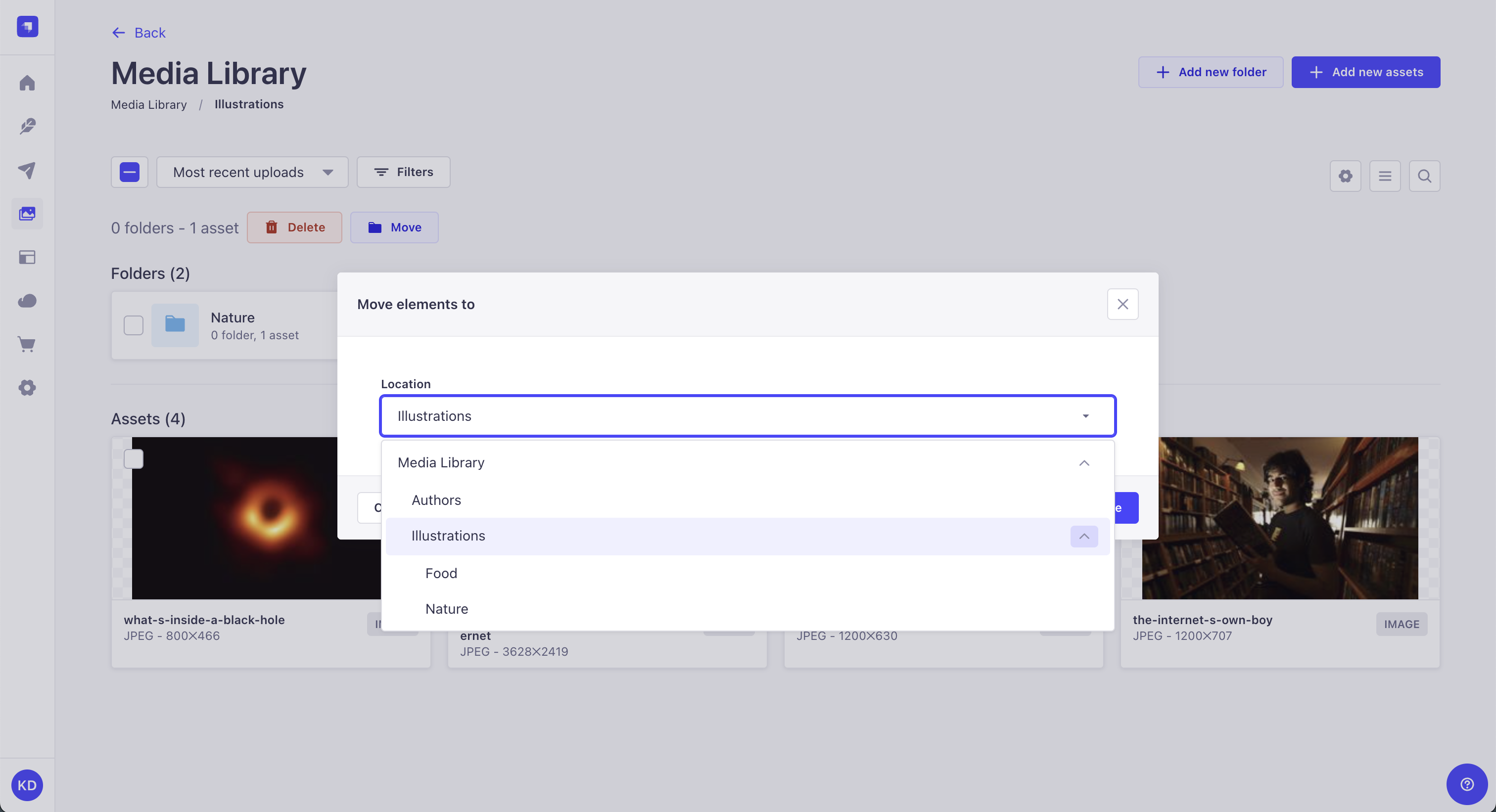 アセット移動のポップアップウィンドウ