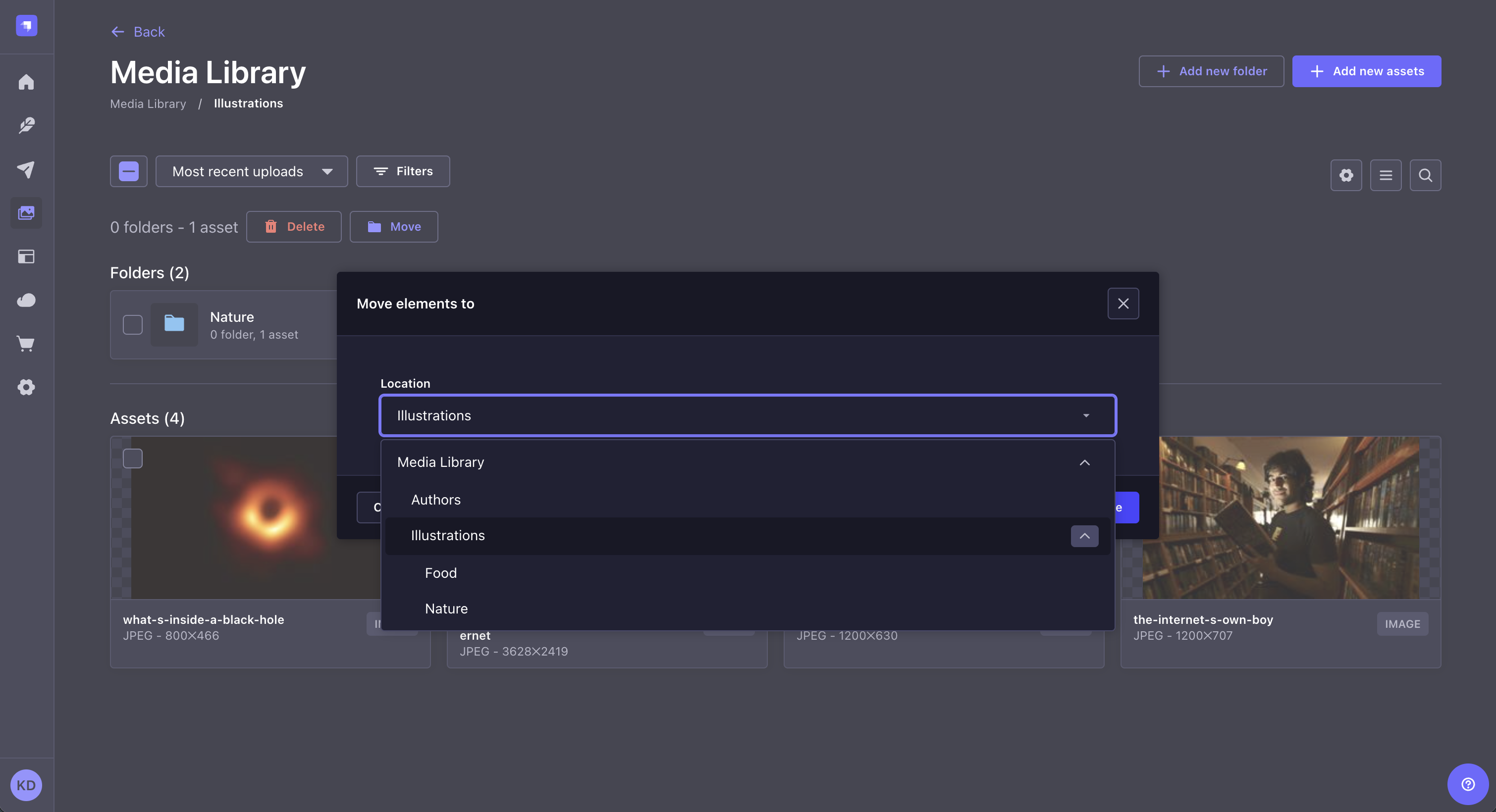 アセット移動のポップアップウィンドウ