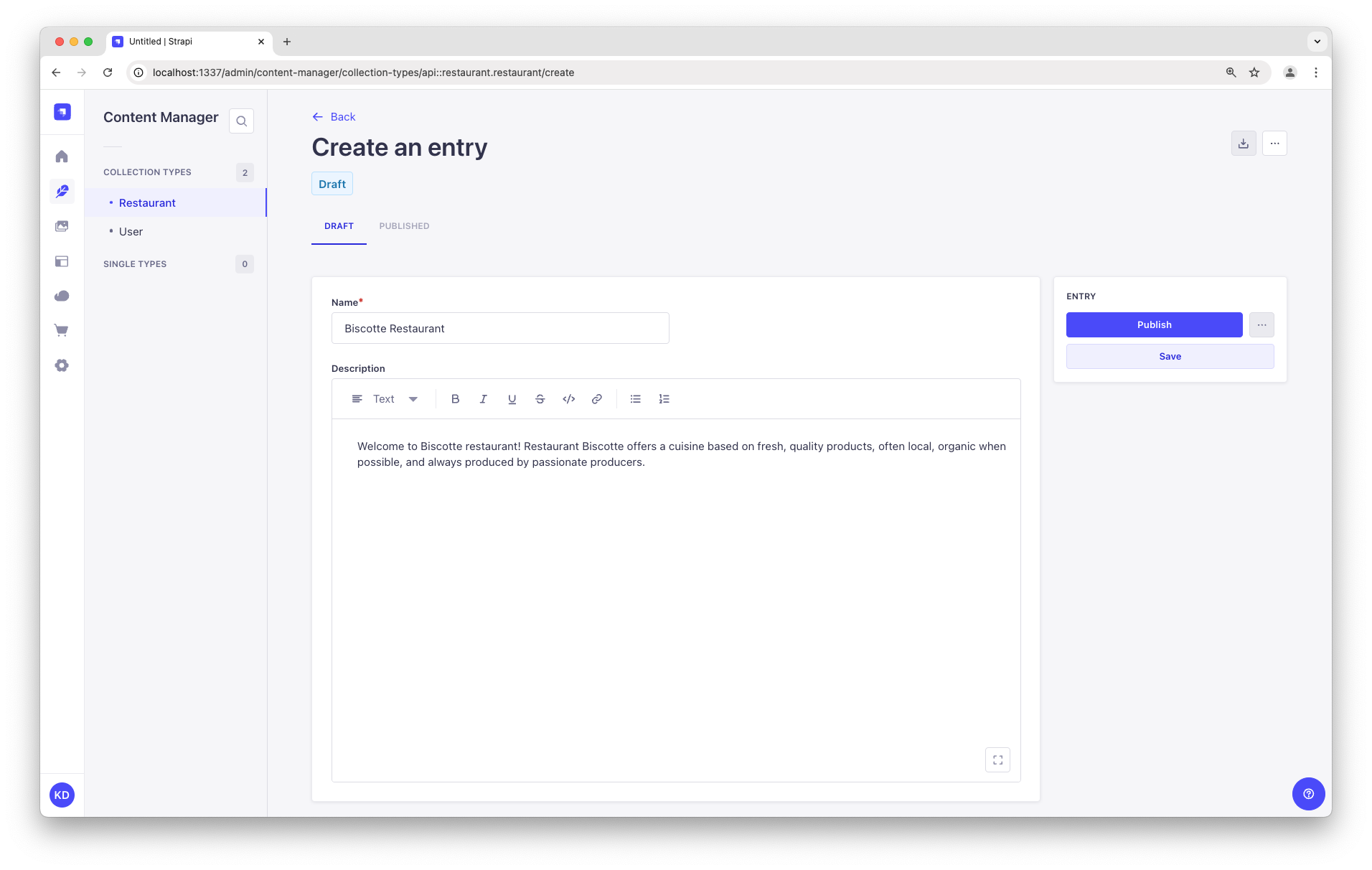 スクリーンショット: コンテンツマネージャーのビスコットレストラン