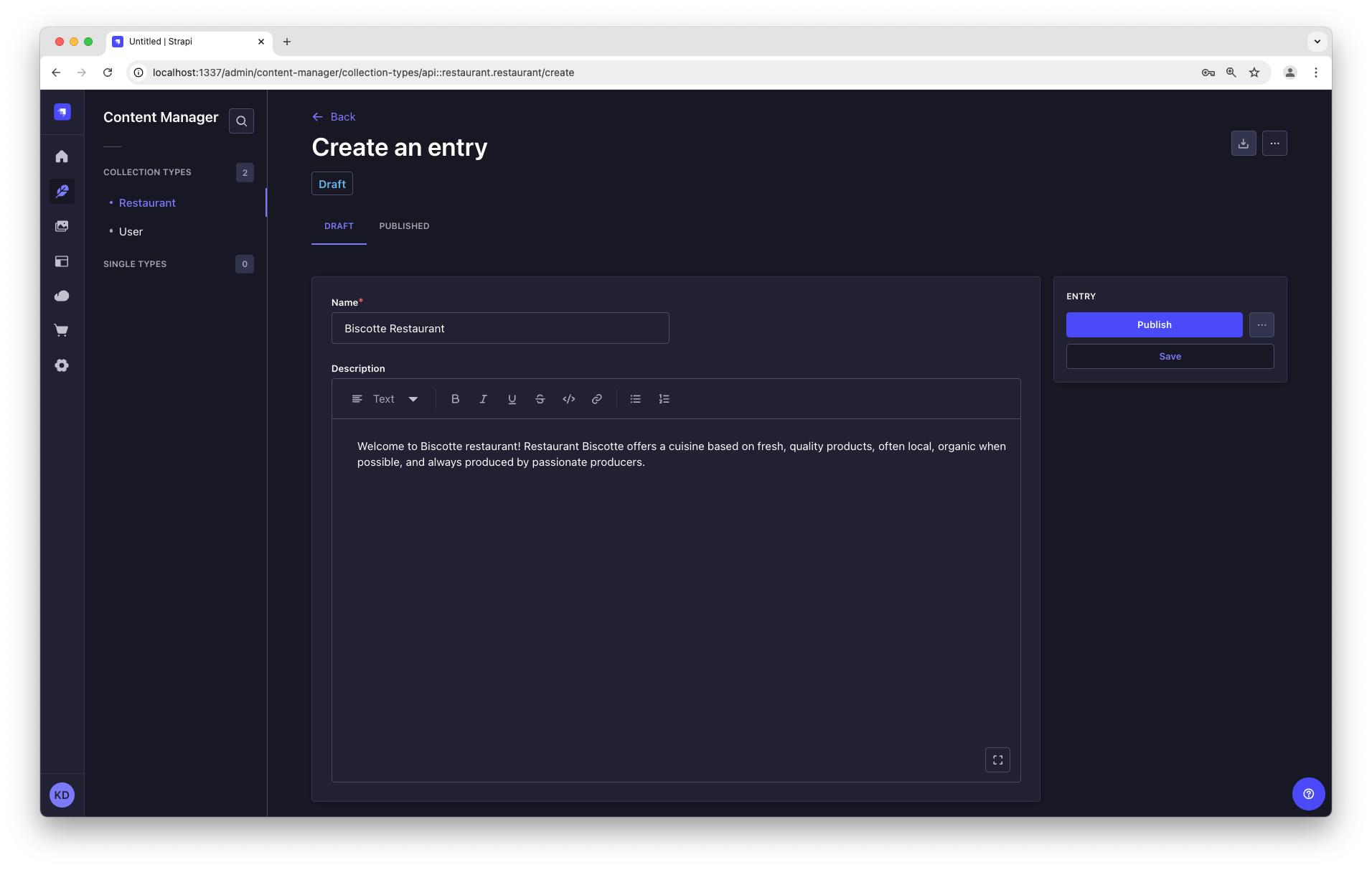 スクリーンショット: コンテンツマネージャーのビスコットレストラン